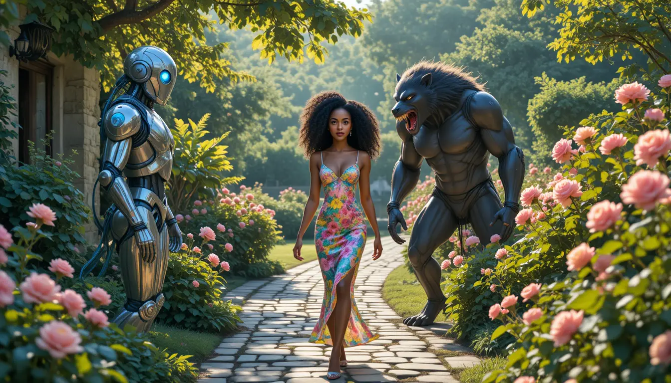 Femme noire marchant entre un robot et un loup-garou dans un jardin