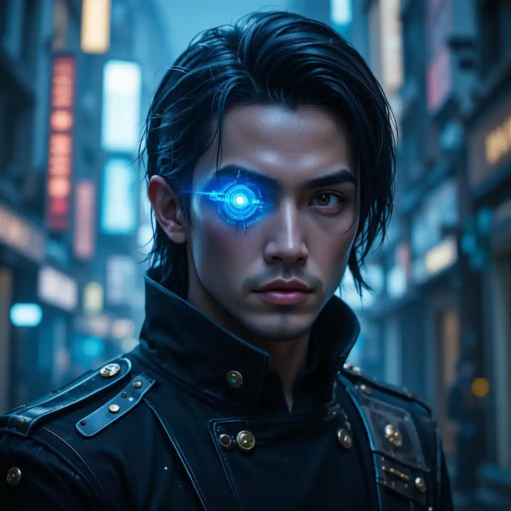 Futuristic male hero portrait with glowing cybernetic eye