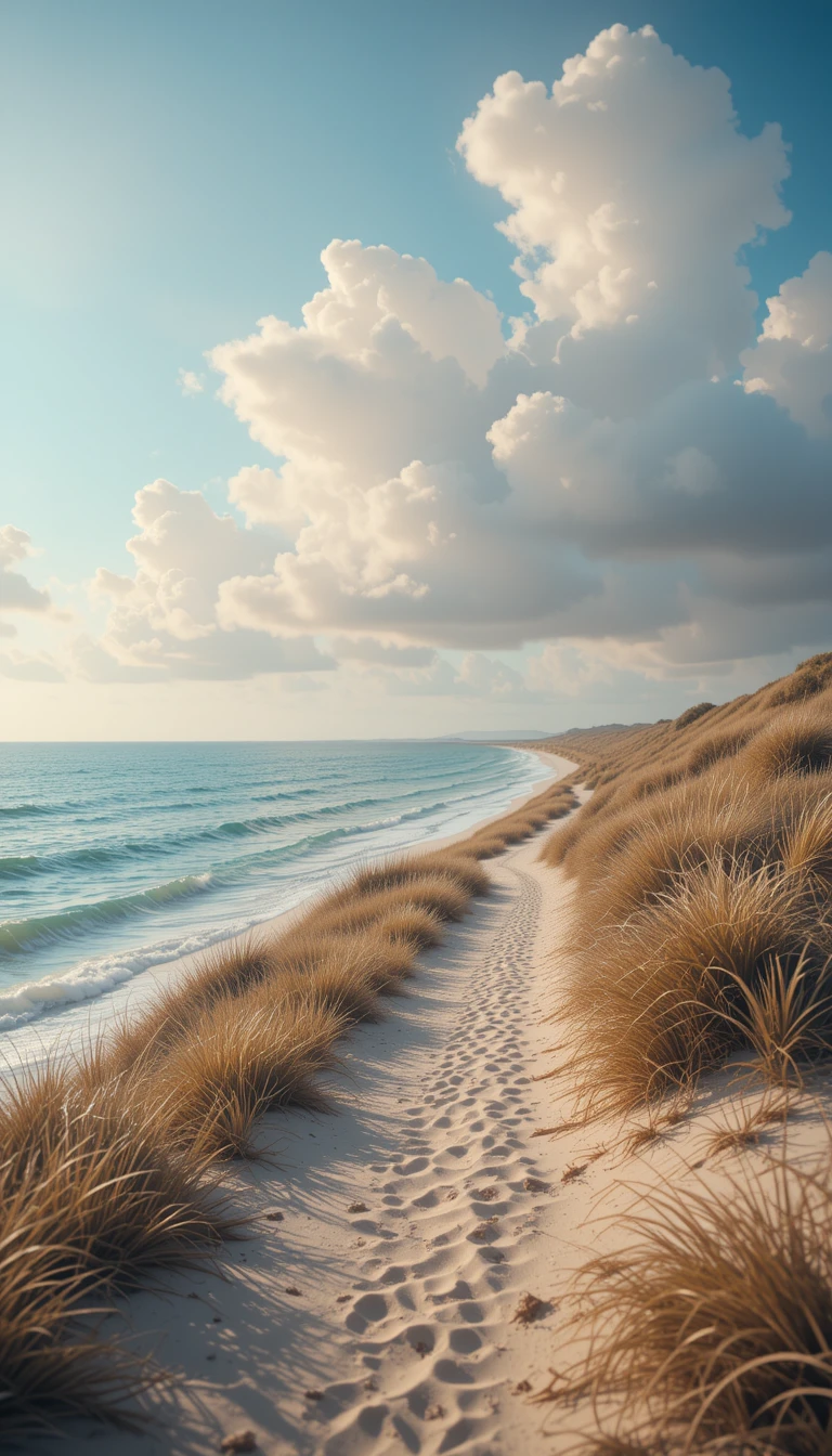 Sunlit seaside path with soft pastel coastal landscape