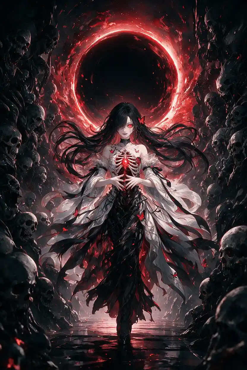 Woman in black gown among towering skulls and shadows