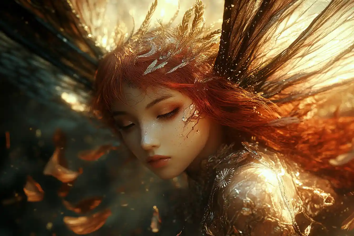 Surreal dark skinned angelic woman in hazy Japanese landscape