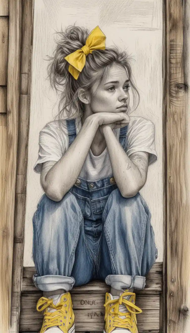 Pensive girl in ink sketch sitting in rustic doorway