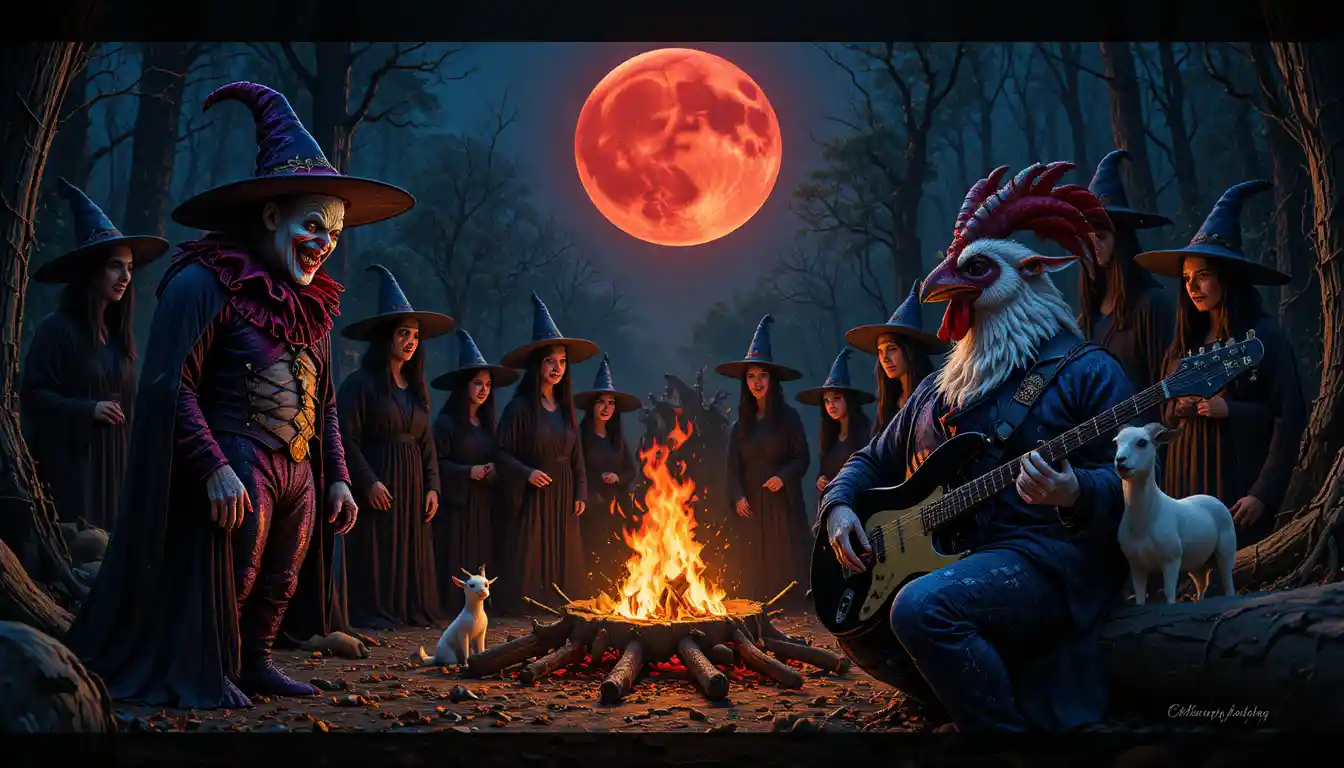 Witches Gather By Bonfire Under A Blood Red Moon