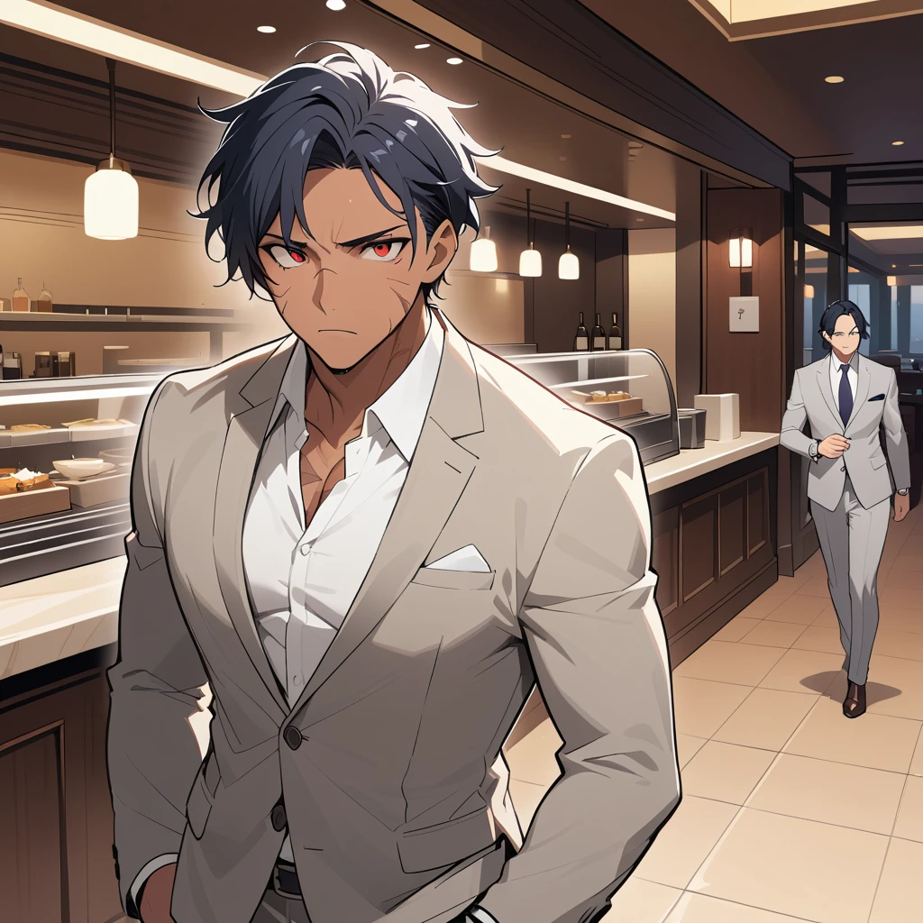 Scarred middle aged man in suit in restaurant lobby