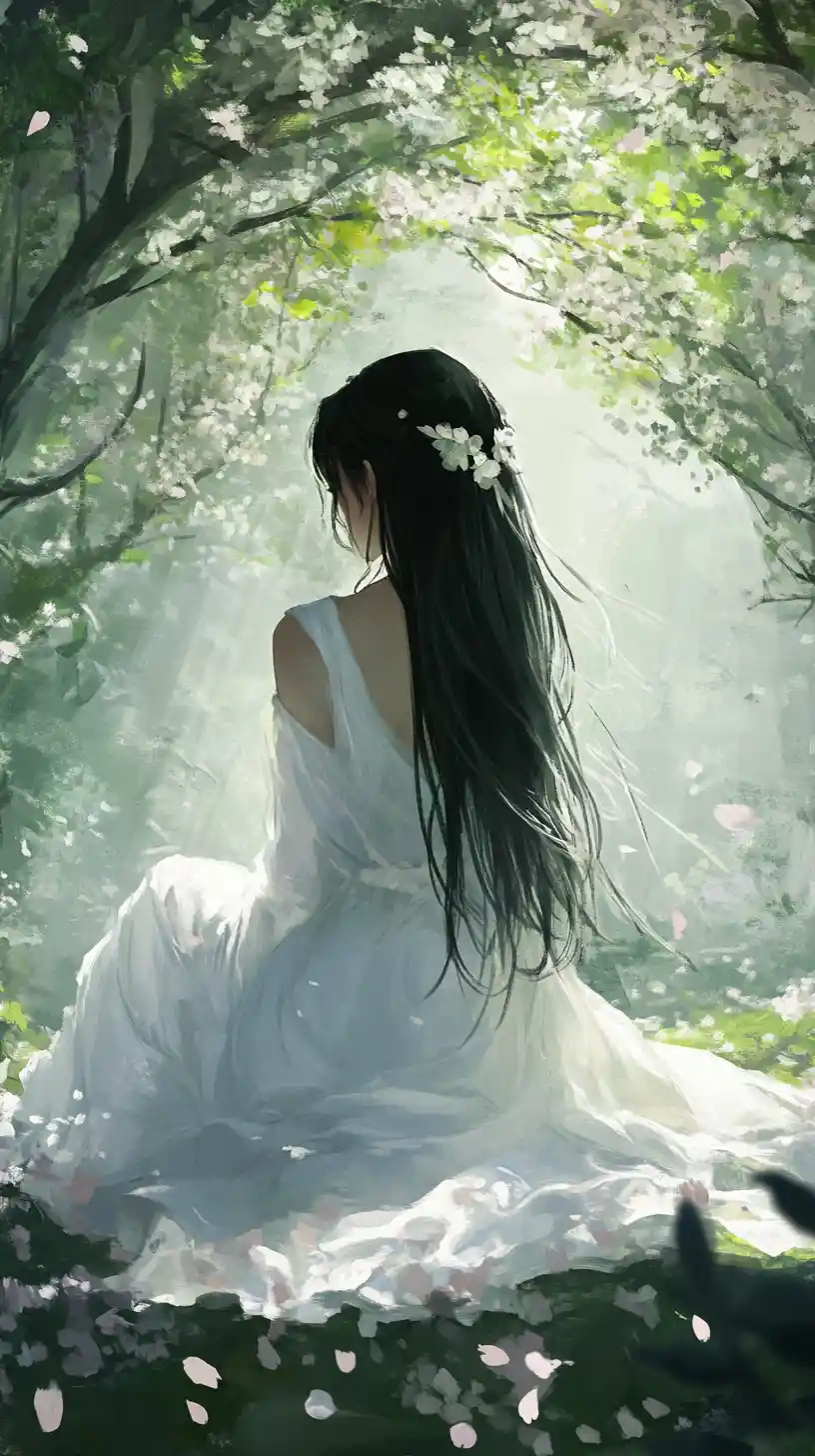 Anime girl in white dress beneath cherry blossom canopy