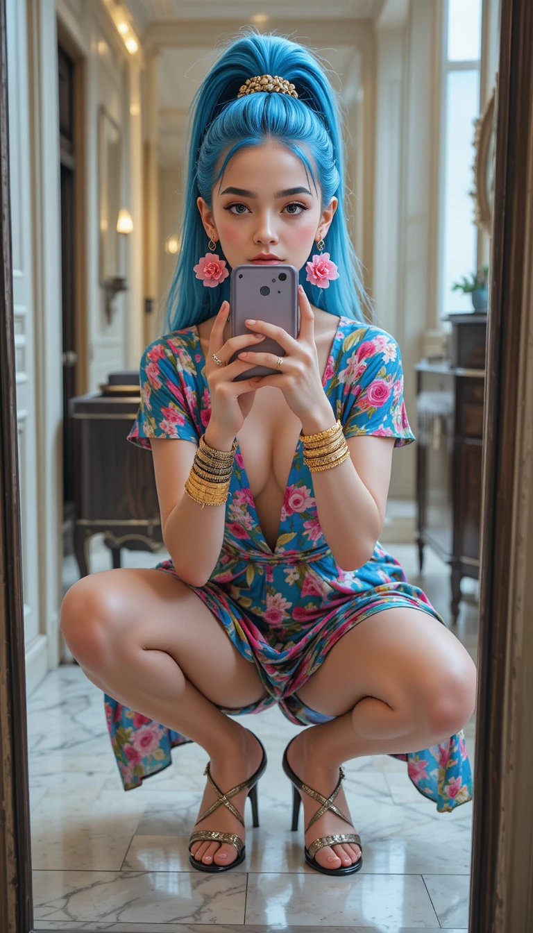 Young girl taking a mirror selfie in a floral dress