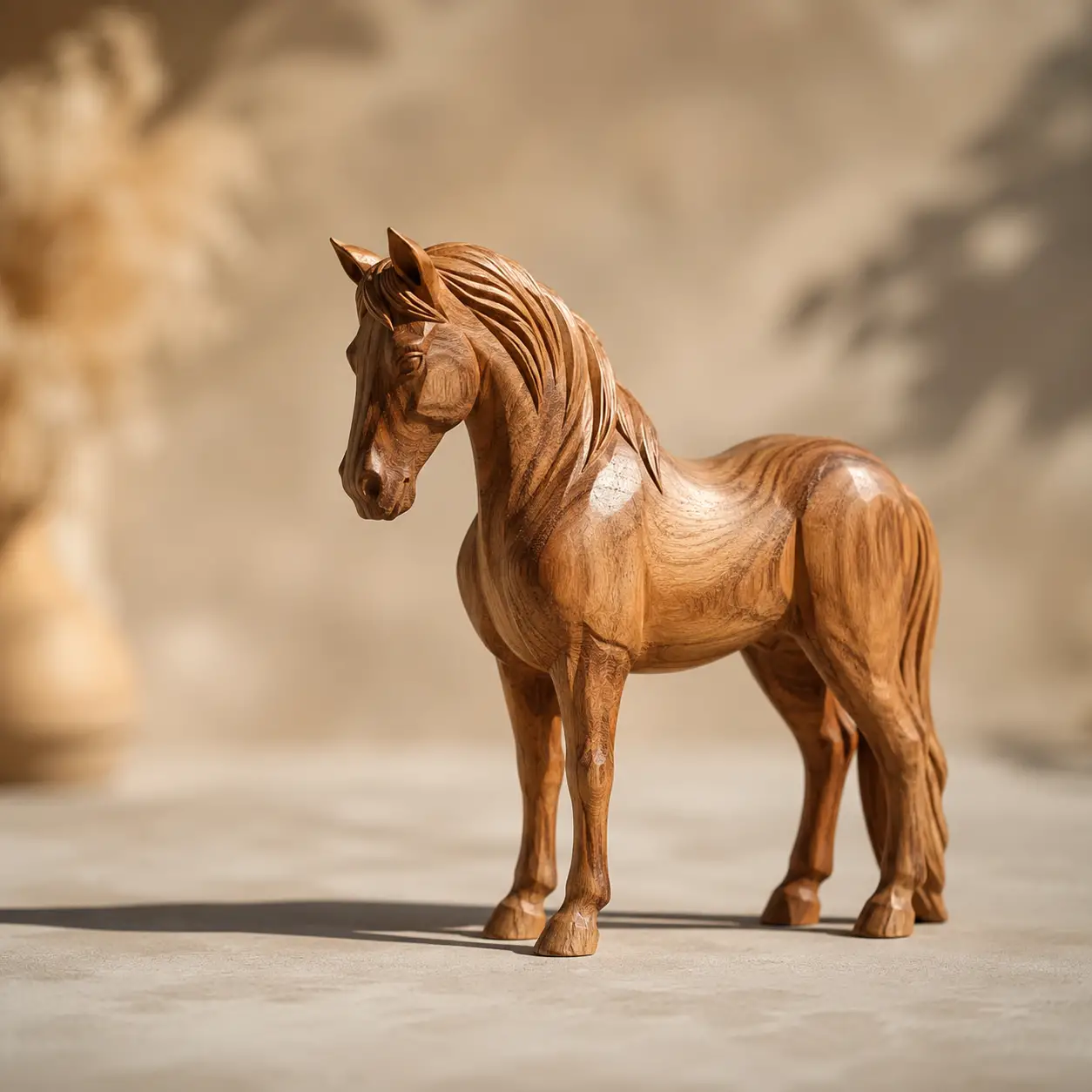 Wooden horse sculpture on smooth concrete surface