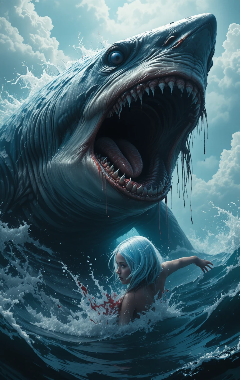 Terrifying shark attacking a lone swimmer in rough ocean waters