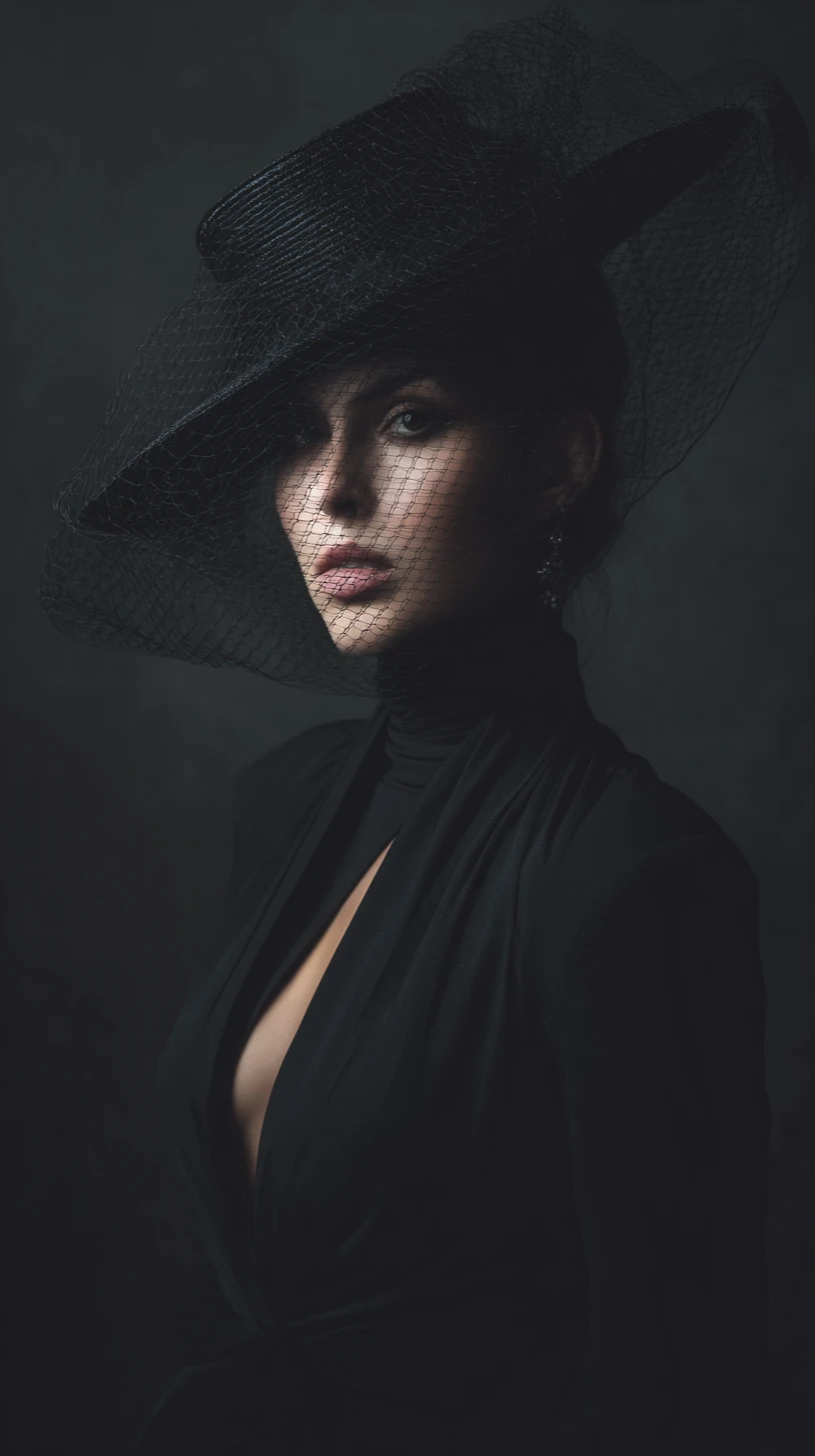 Mysterious femme fatale exuding dark elegance and power