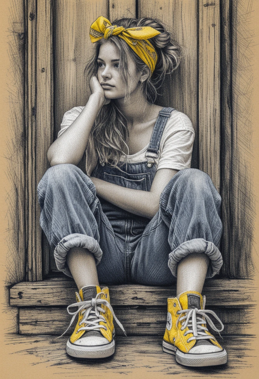 Pensive girl in ink drawing sitting in rustic doorway