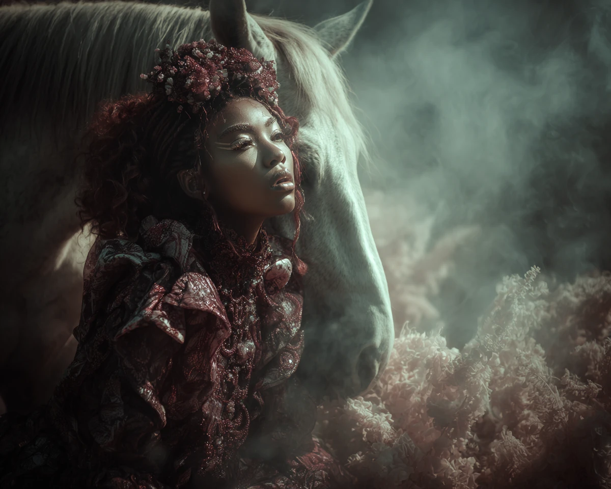 Dark skinned angel with wild horses in surreal landscape