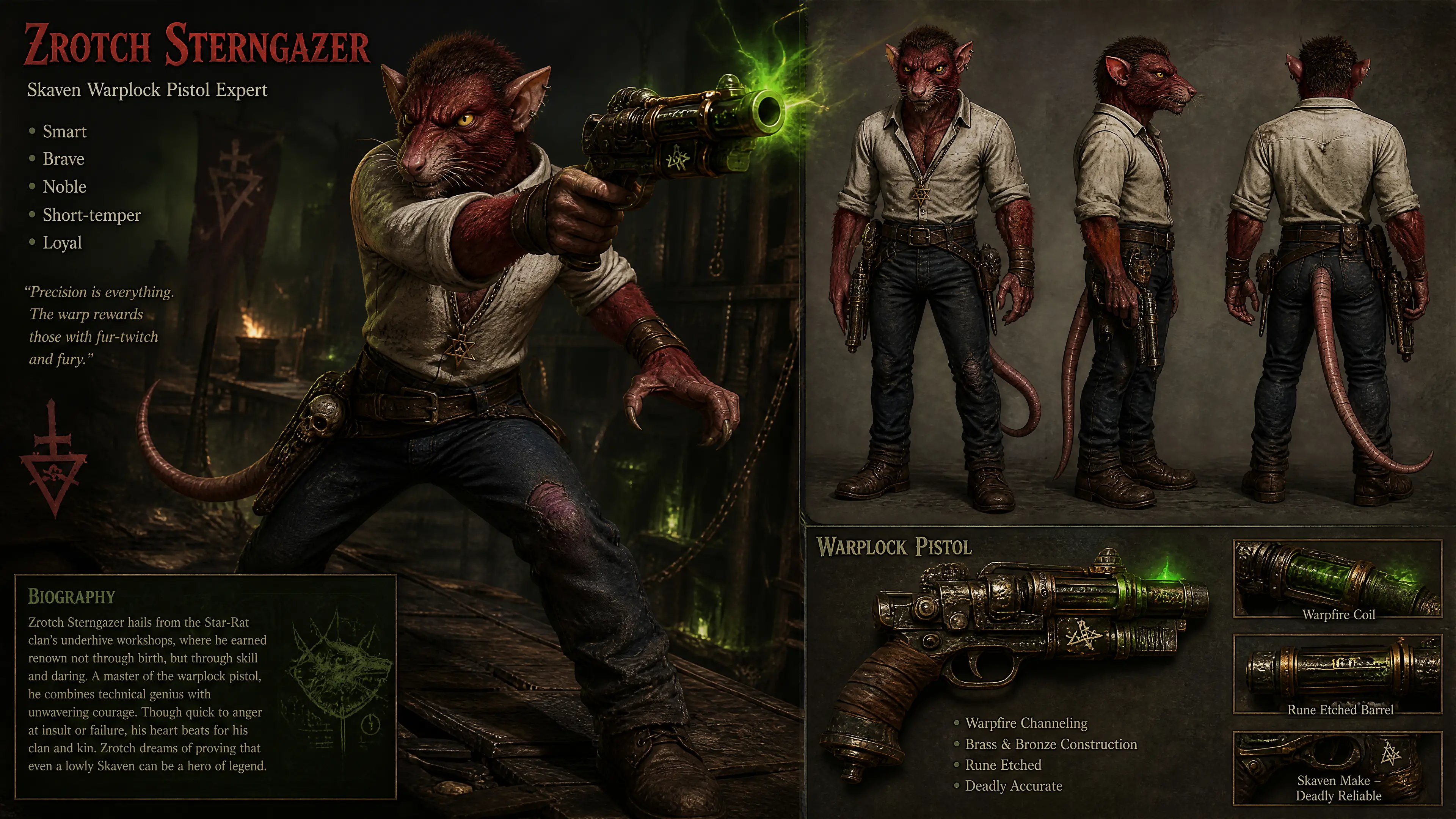 Anthropomorpher Rattenkrieger mit rotem Fell, Pistole und Freizeitkleidung