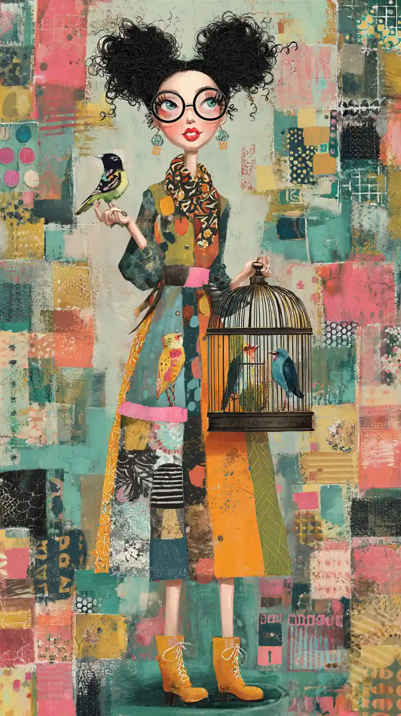 Whimsical woman with birdcage in colorful abstract collage