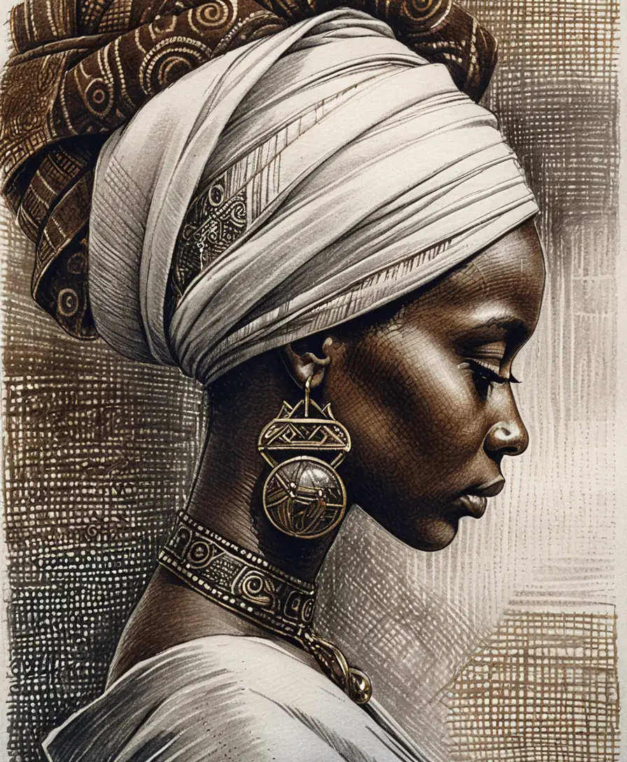 Serene profile portrait of an African woman in patterned headwrap