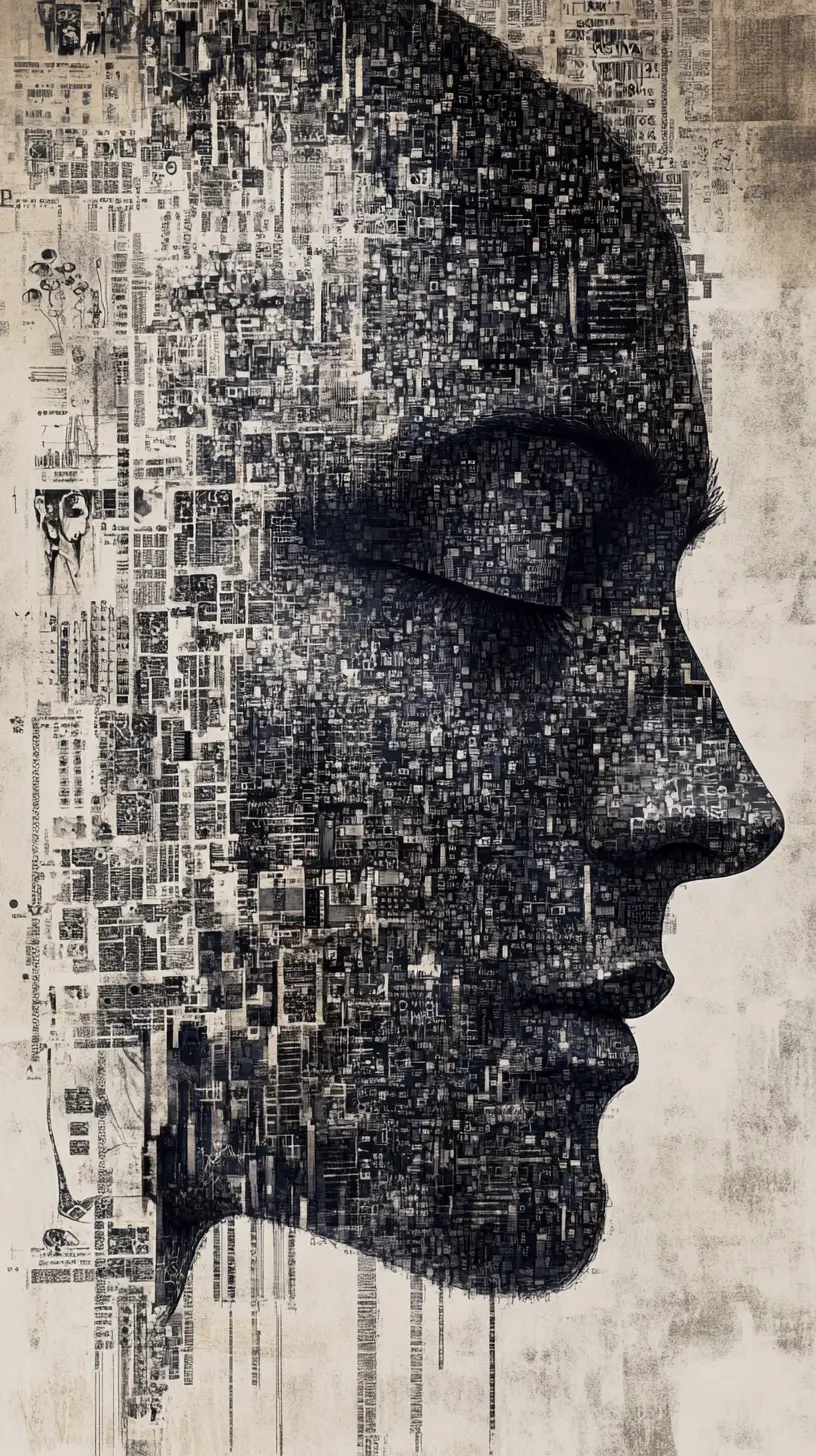 Human face emerging from ordered data and visual noise