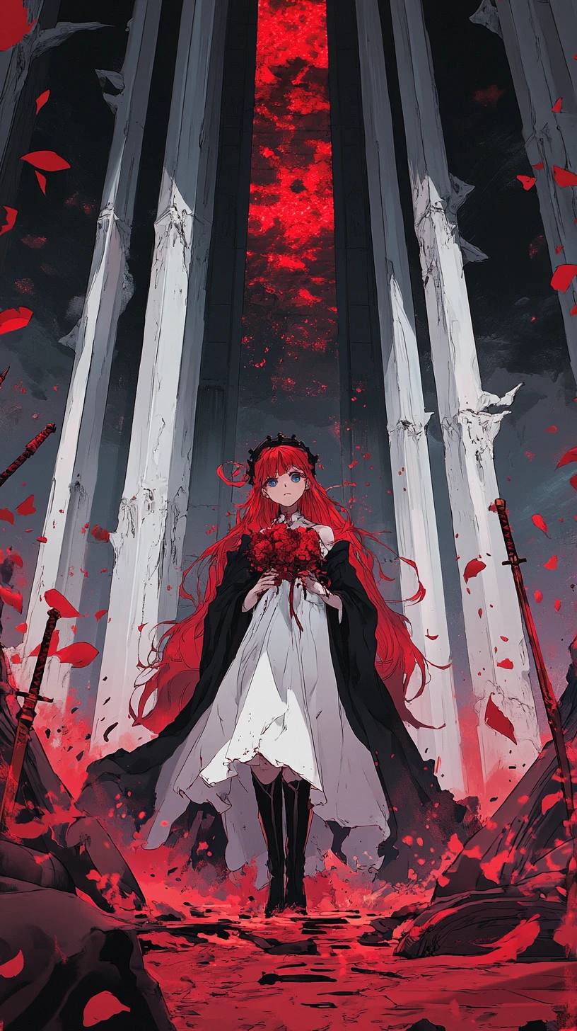 Sad girl walking through a field of transparent swords