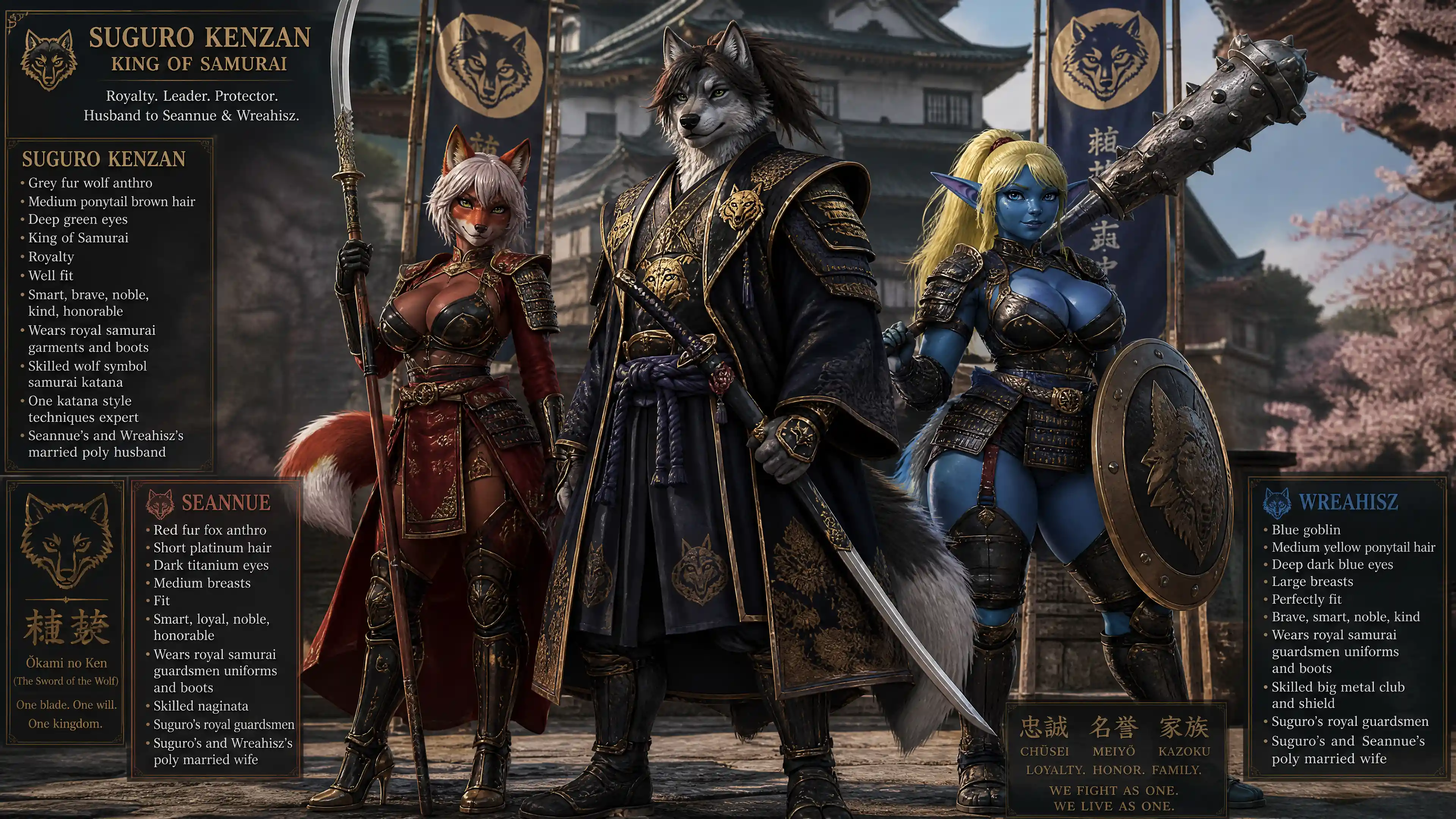 Anthro wolf samurai king in ornate royal armor
