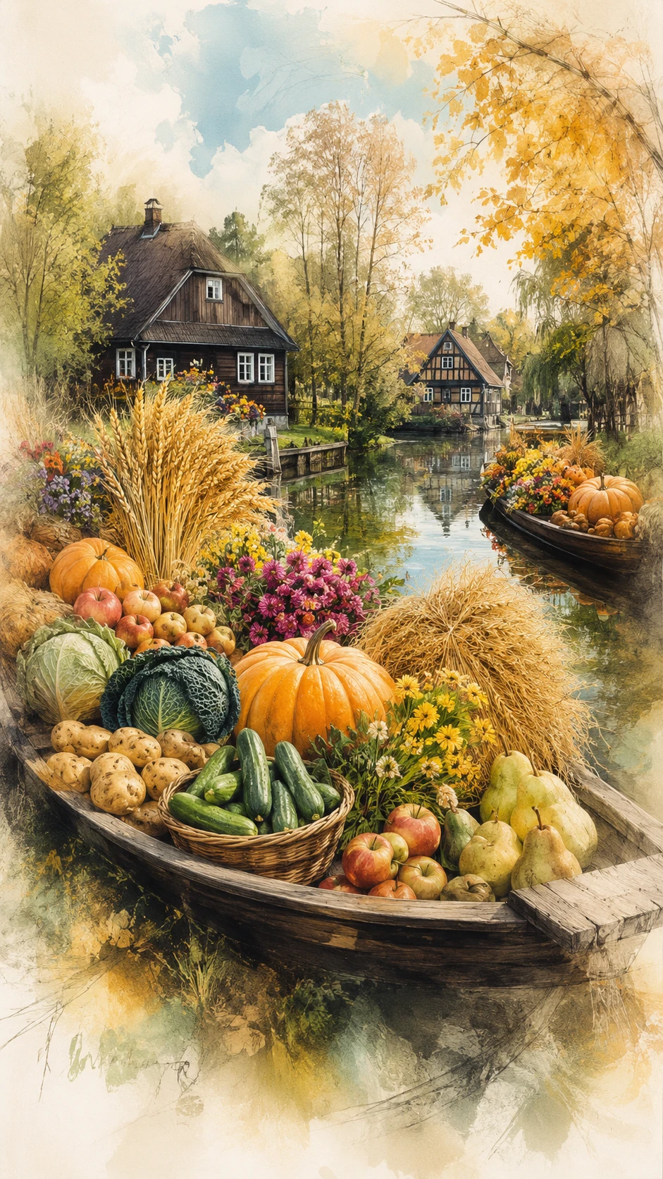 Traditional harvest boats on a colorful Spreewald waterway