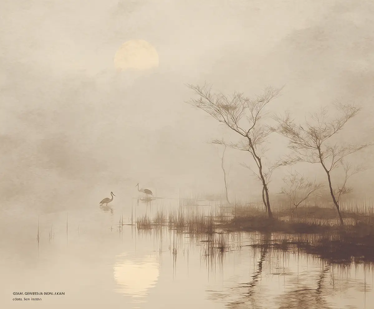 Minimale Seesilhouetten in weichem nebligem Aquarell