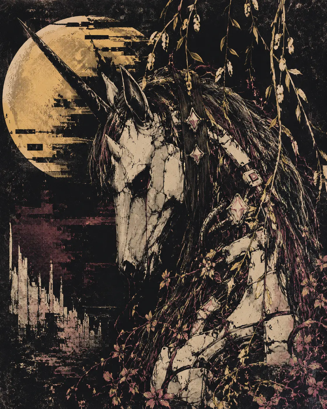 Surreal dark unicorn in a glitching nostalgic dreamscape