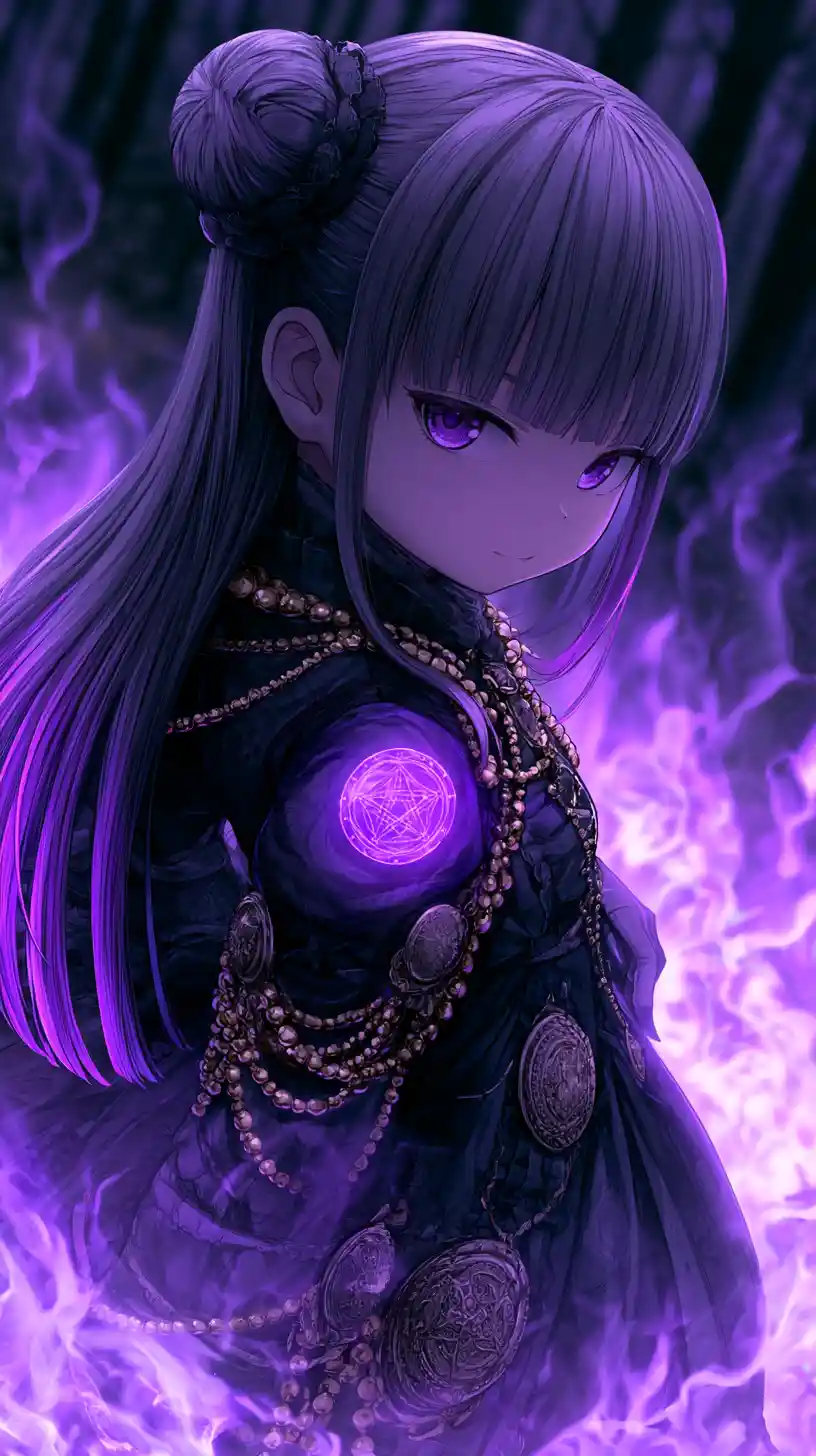 Gothic anime girl with violet magic in dark forest