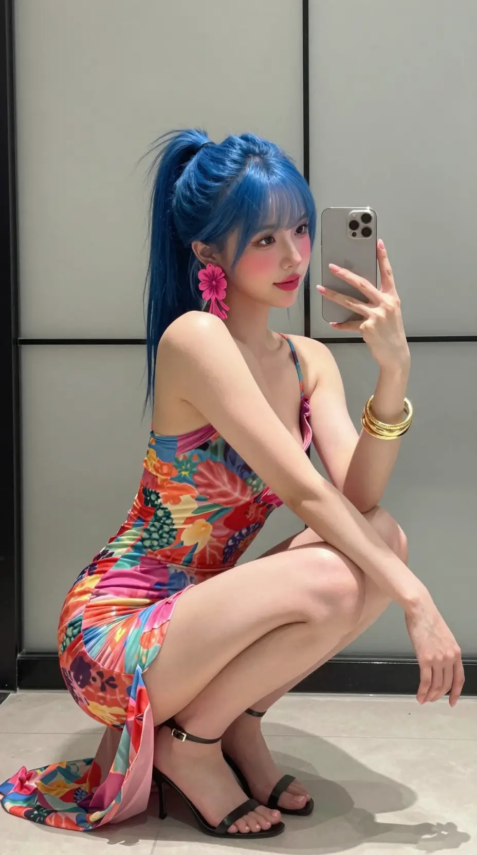 Young girl taking a mirror selfie in a floral dress