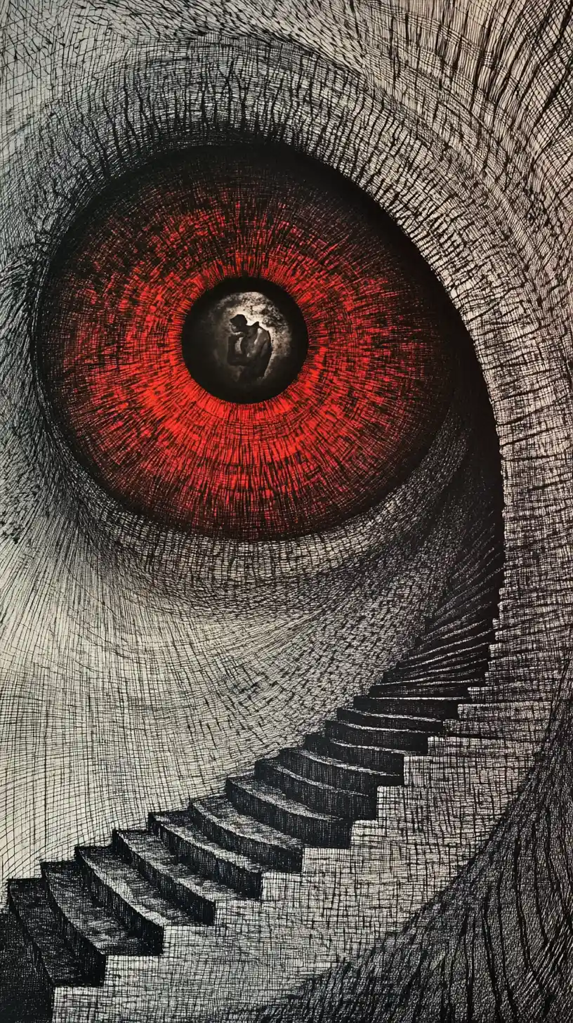 Surreal eye transforming into an endless spiral staircase