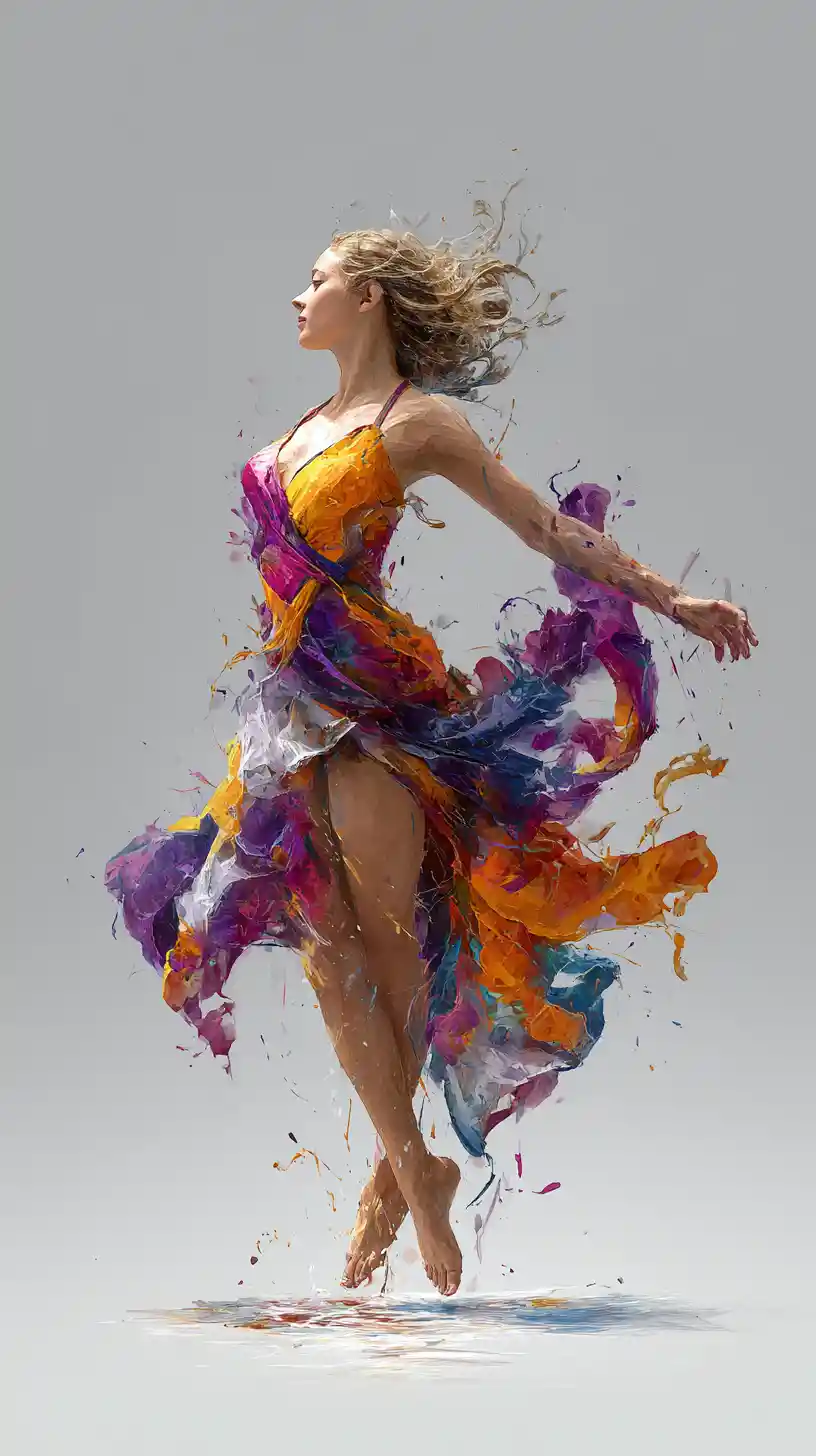Woman dancing in swirling rainbow ink and smoke dress