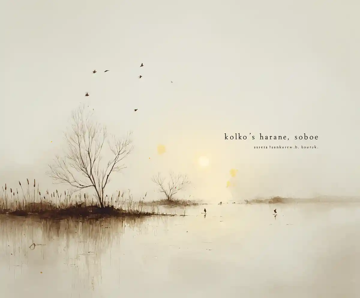 Minimal lakeside silhouettes in soft foggy watercolor dreamscape