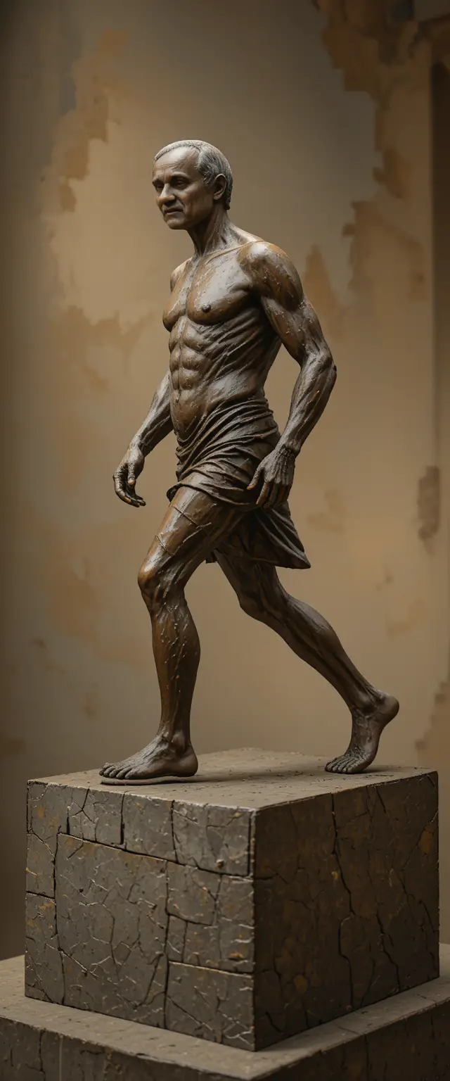 Bronze sculpture of a determined man in dynamic stride