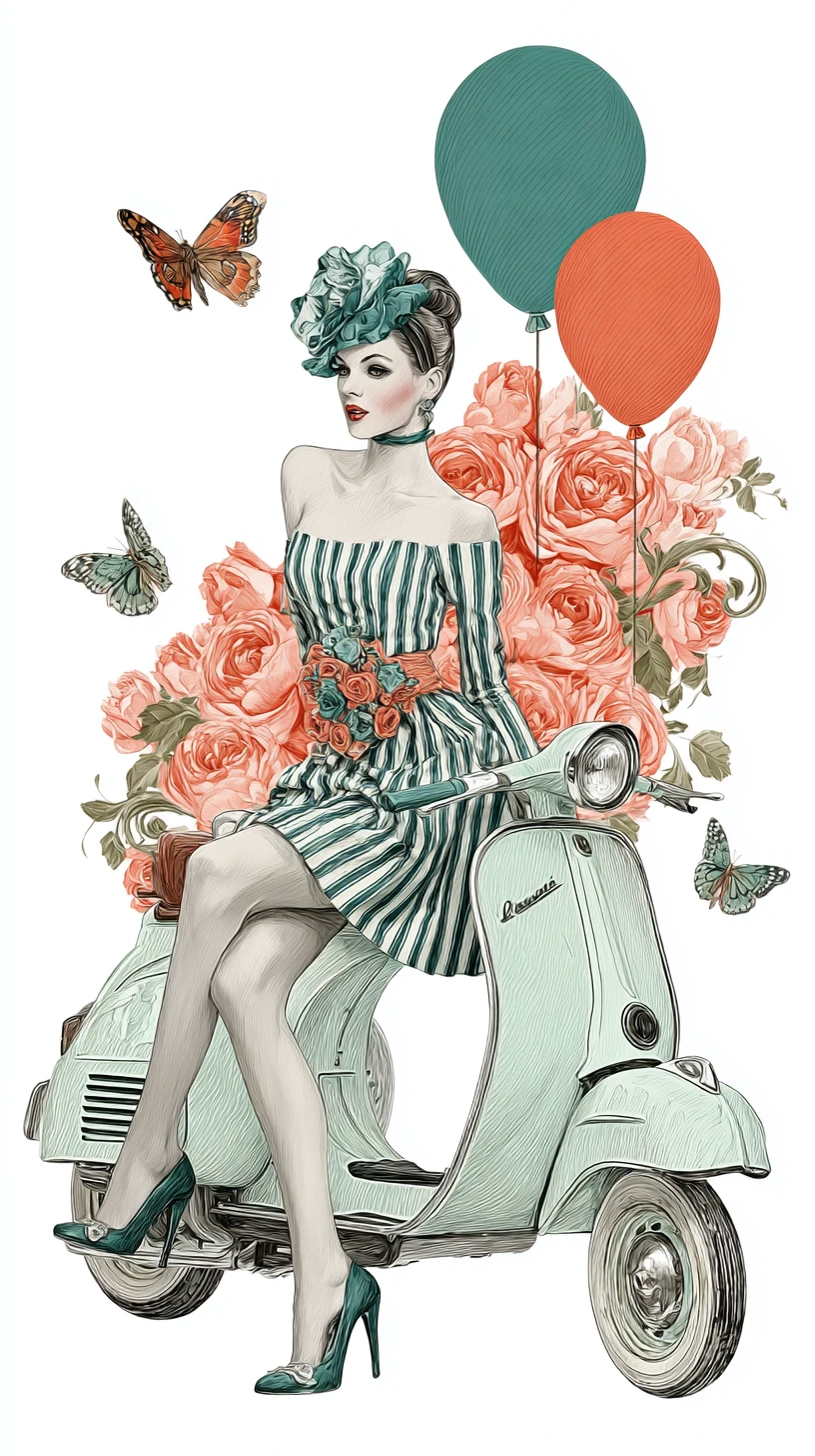 Elegant woman on vintage scooter with roses and balloons