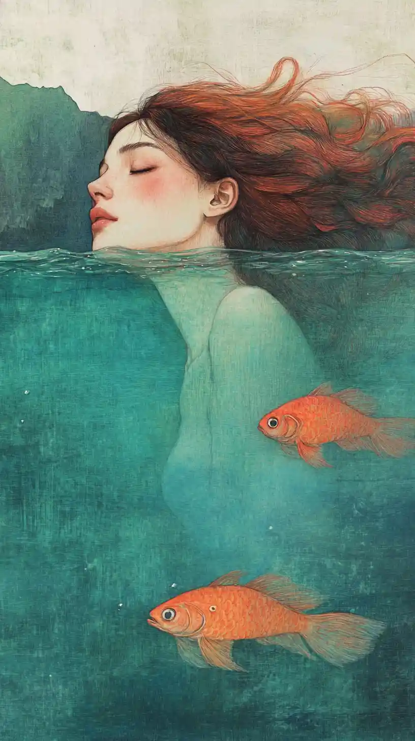 Red haired girl dreaming in turquoise split water scene