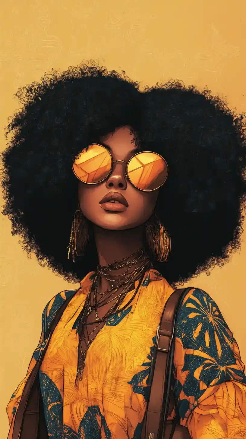 Bohemian biker woman with afro and vintage motorcycle gear