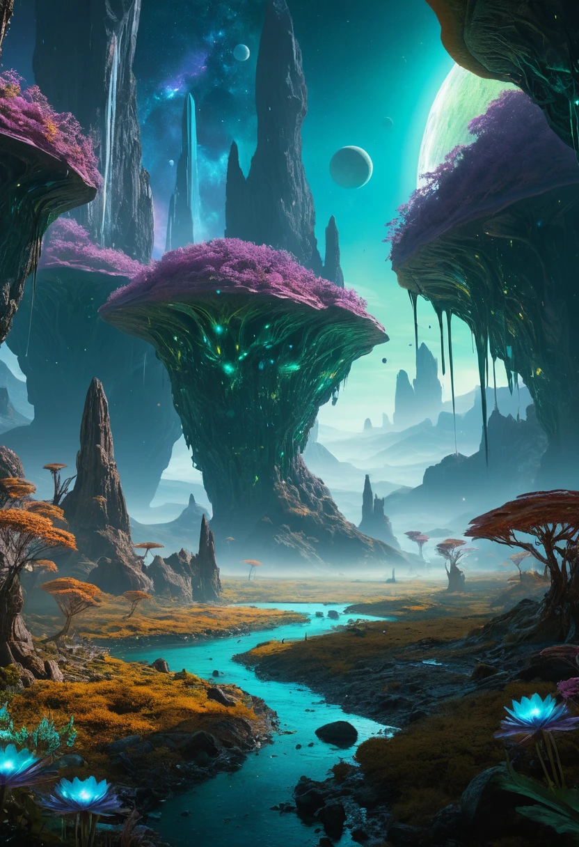 Vast Alien Landscape With Floating Rocks And Crystal Peaks