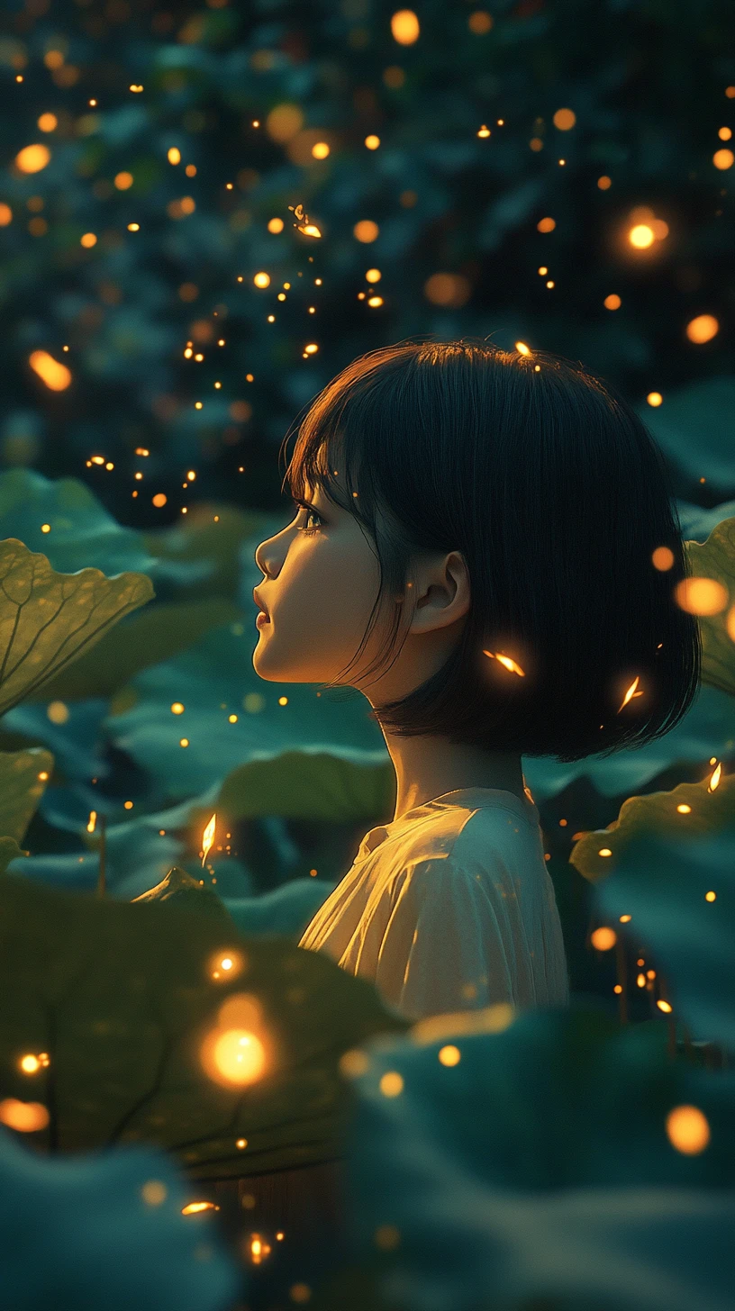 Young girl in profile in a glowing fantasy garden