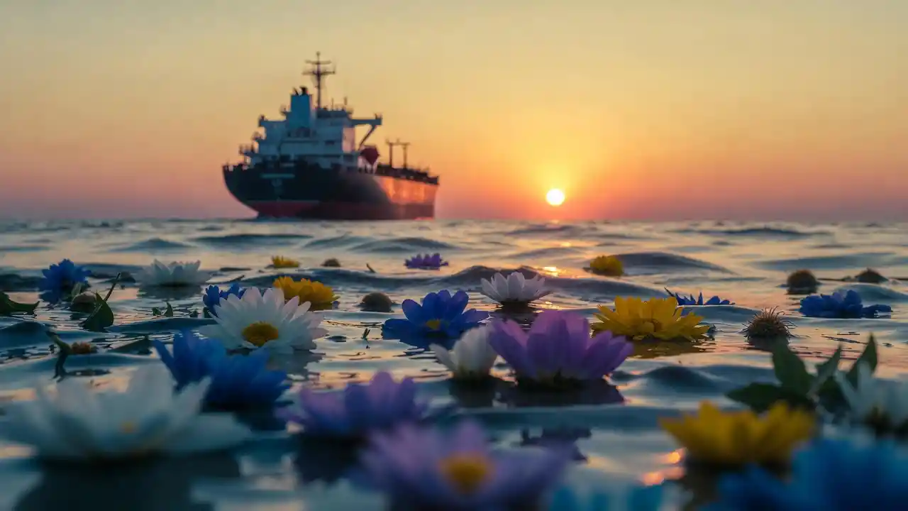 Colorful flowers floating on the sea at sunset