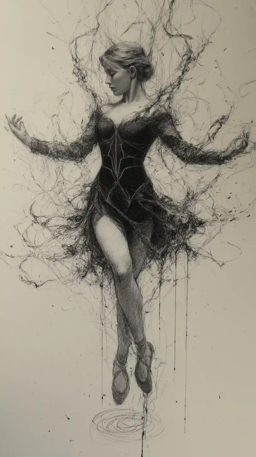 Graphite dancer poised en pointe amid swirling chaotic lines