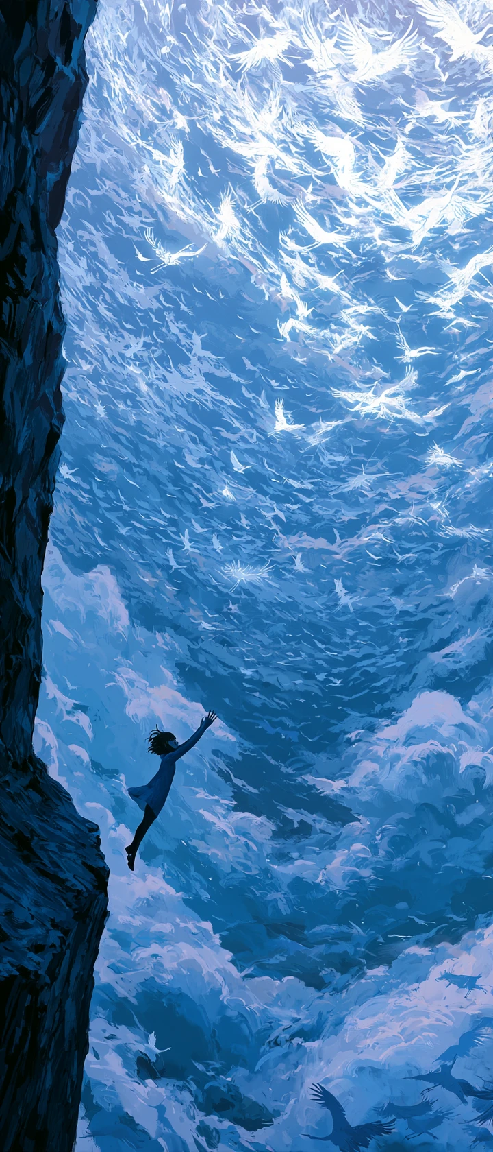 Girl leaping from a cliff into a sky of white cranes