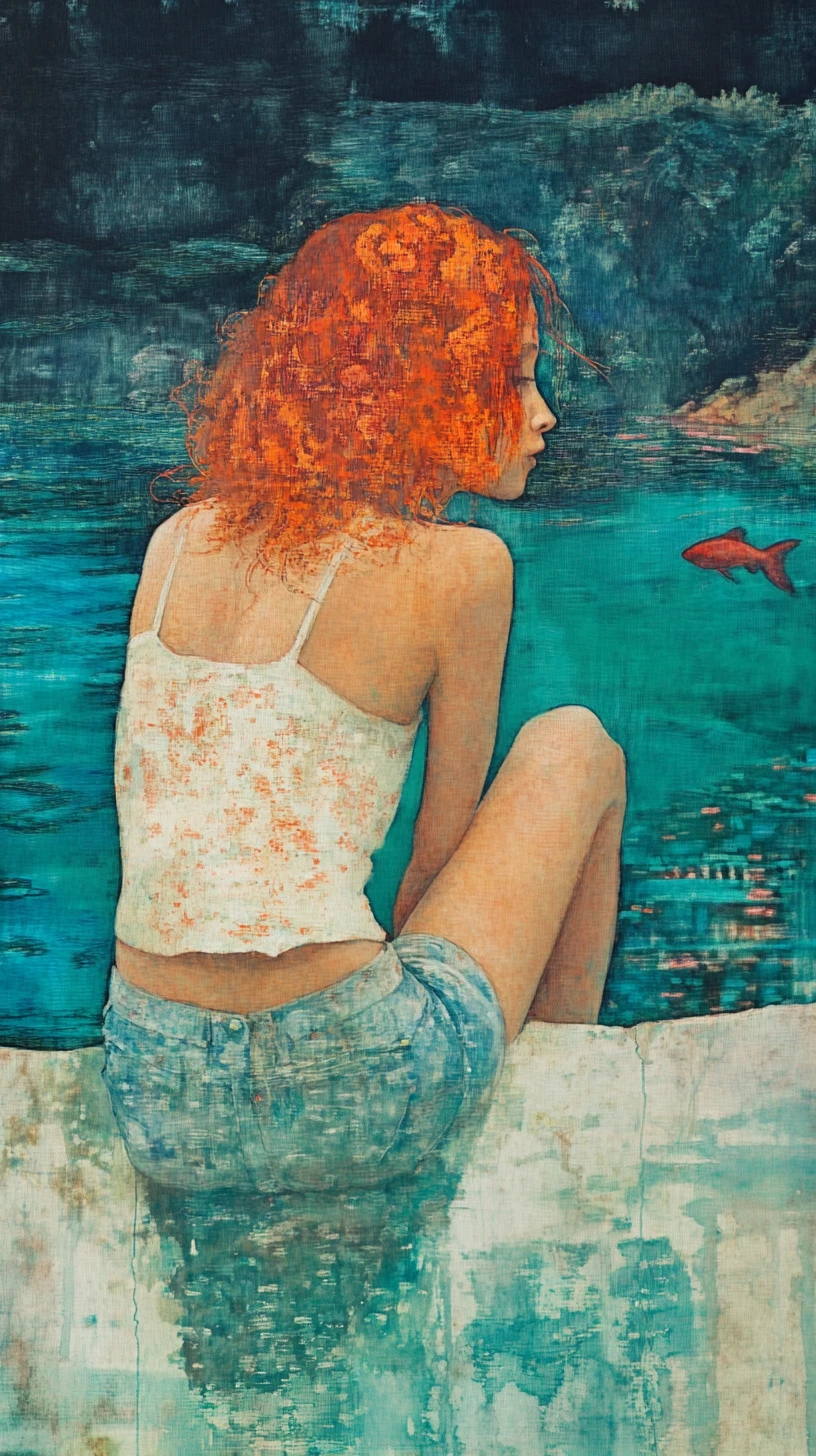 Red haired girl dreaming in turquoise split water scene