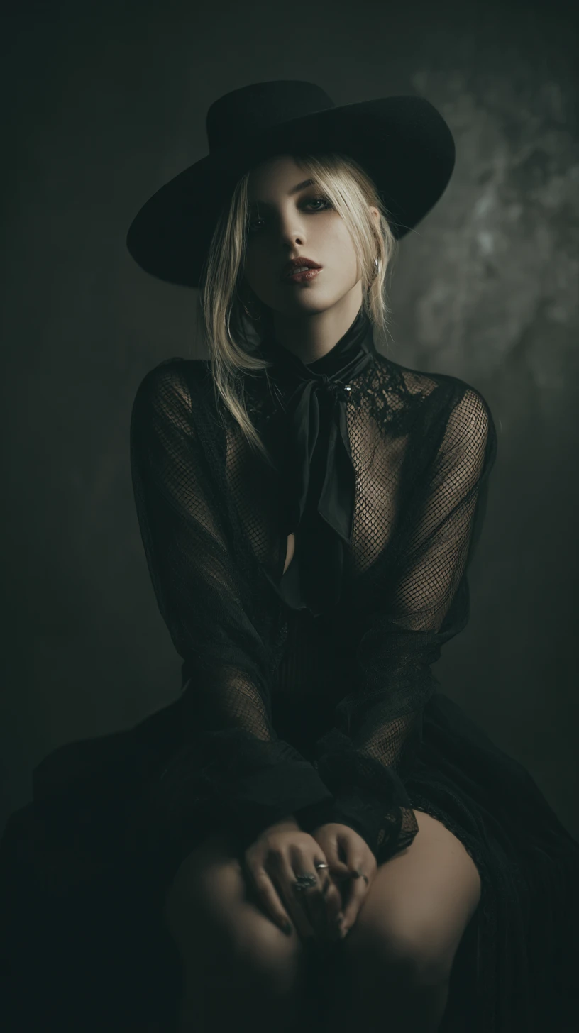 Mysterious femme fatale with dark elegant presence
