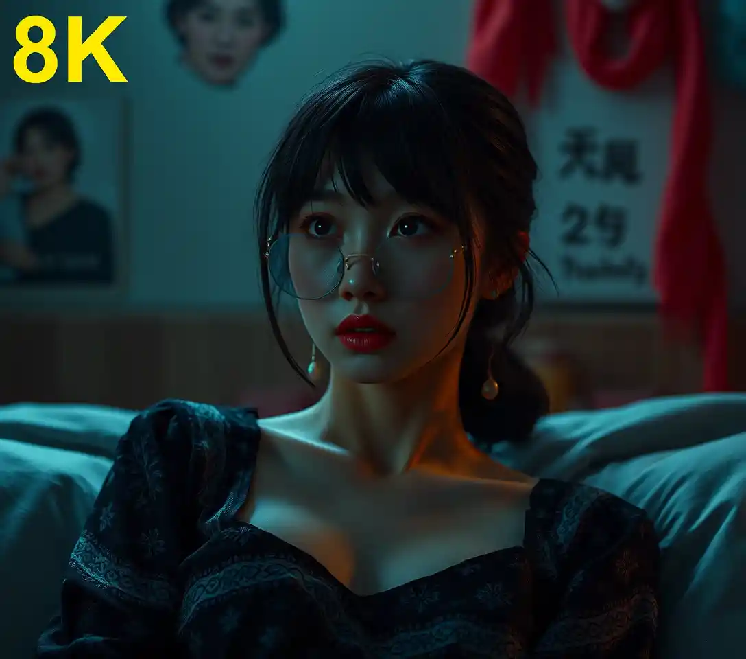 Contemplative woman in a surreal pop surrealism horror scene