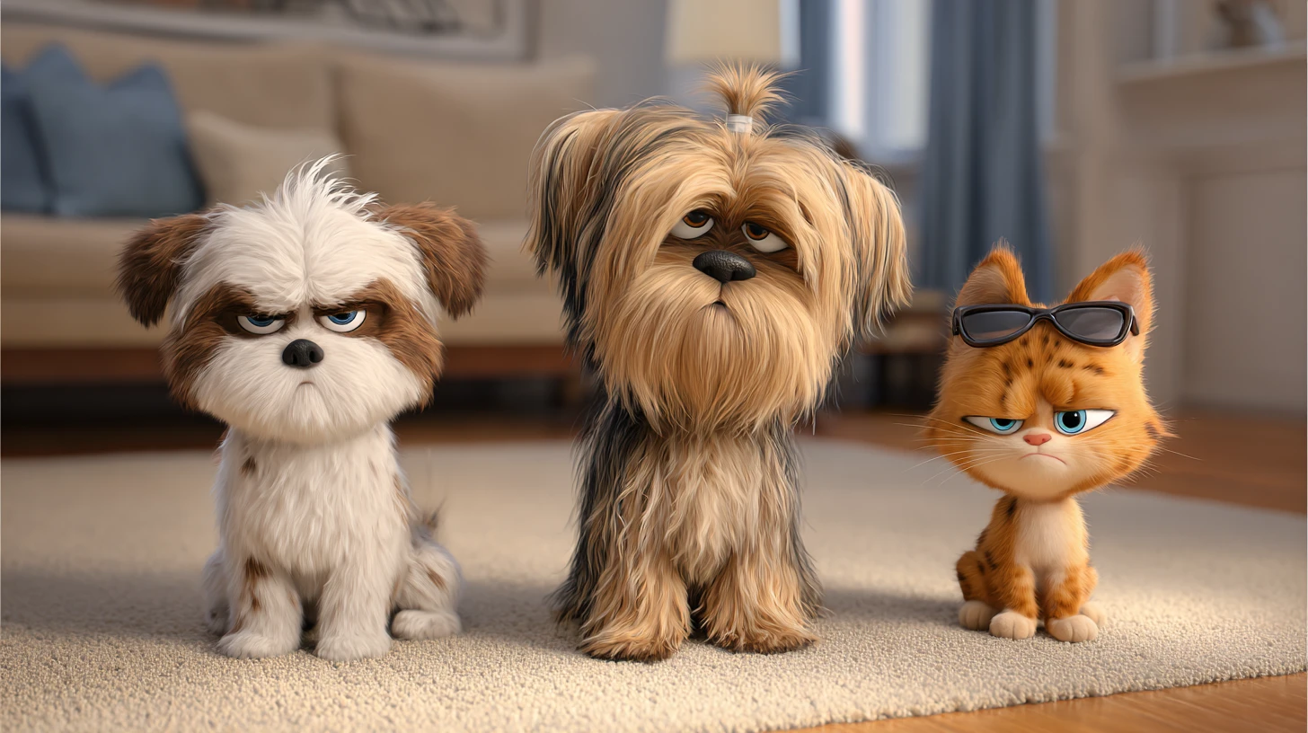 Angry small dogs and cool kitten in a cozy living room