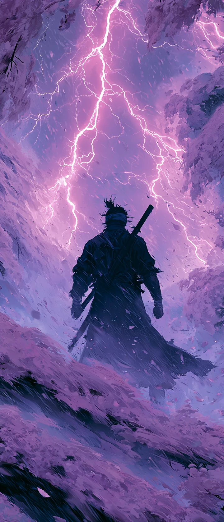 Blind swordsman calm within a storm of cherry blossoms