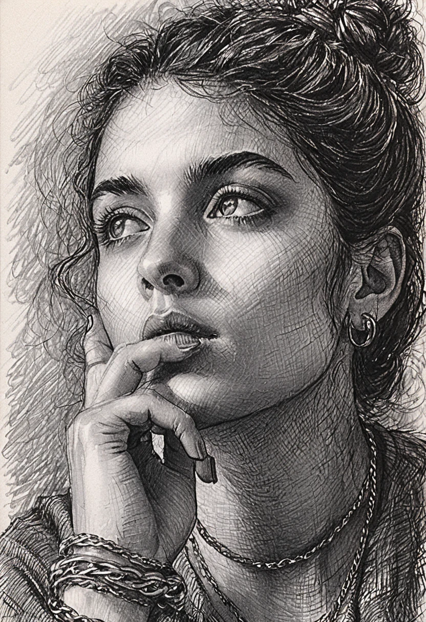 Portrait à l’encre d’une femme pensive, la main aux lèvres