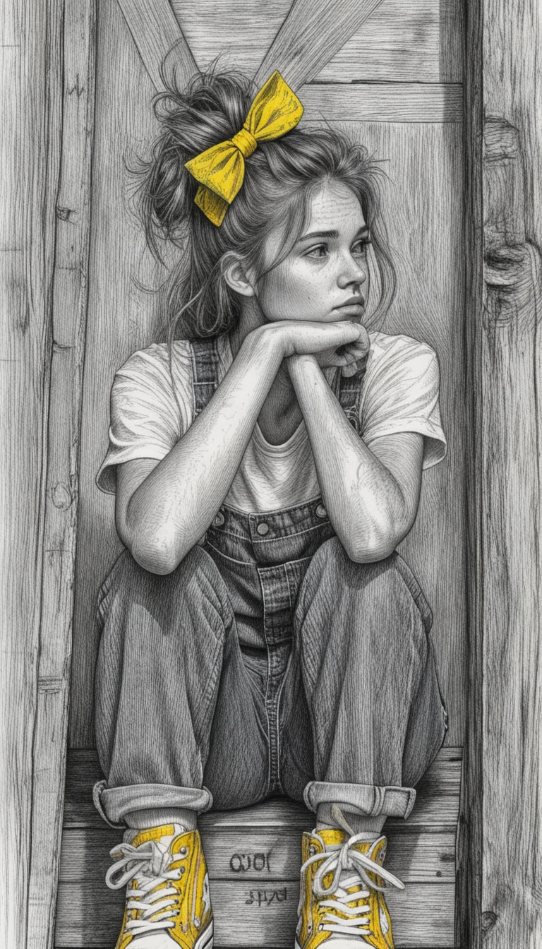 Pensive girl in overalls sitting in rustic wooden doorway
