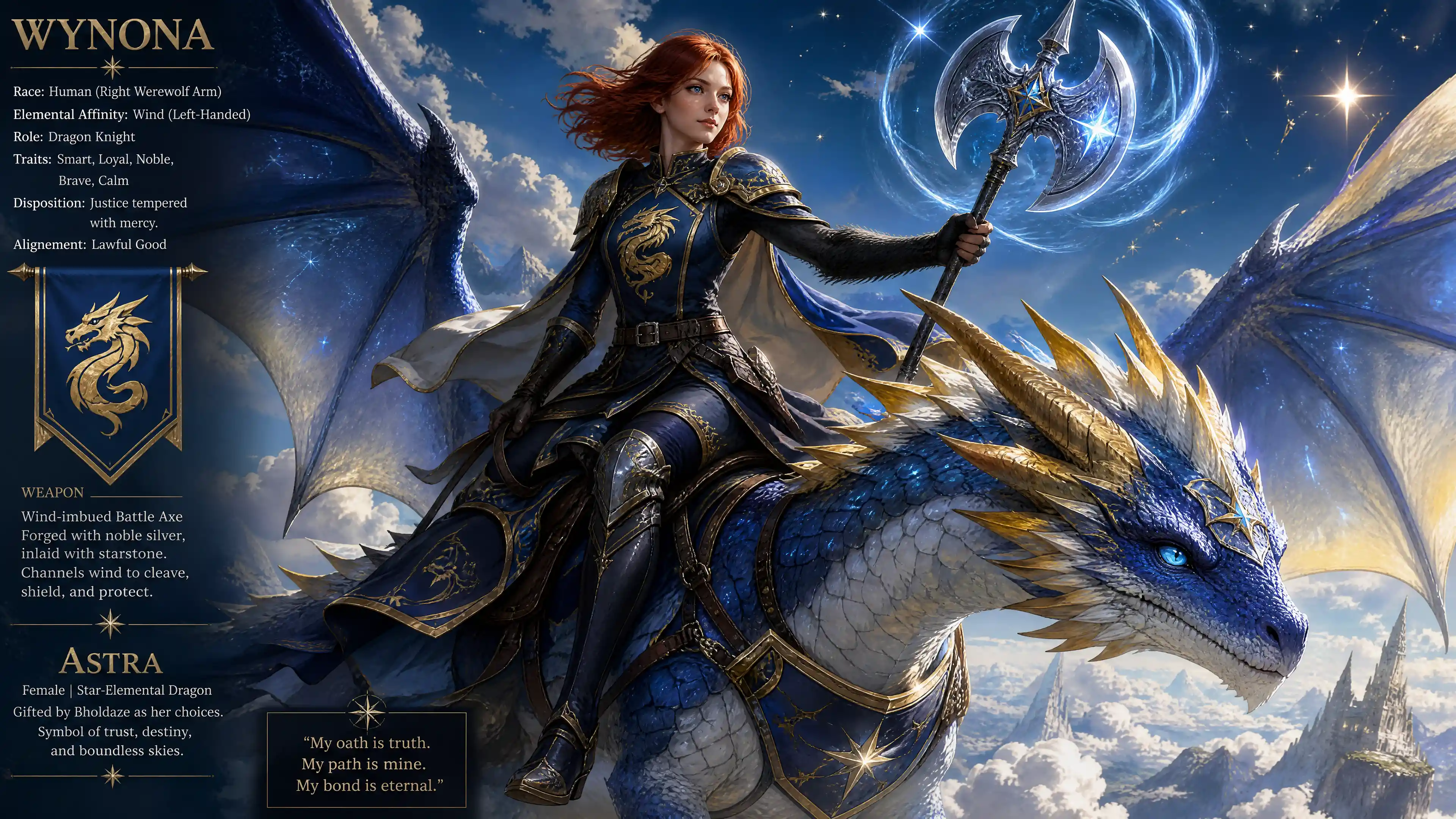 Brave knight woman riding a celestial dragon in flight