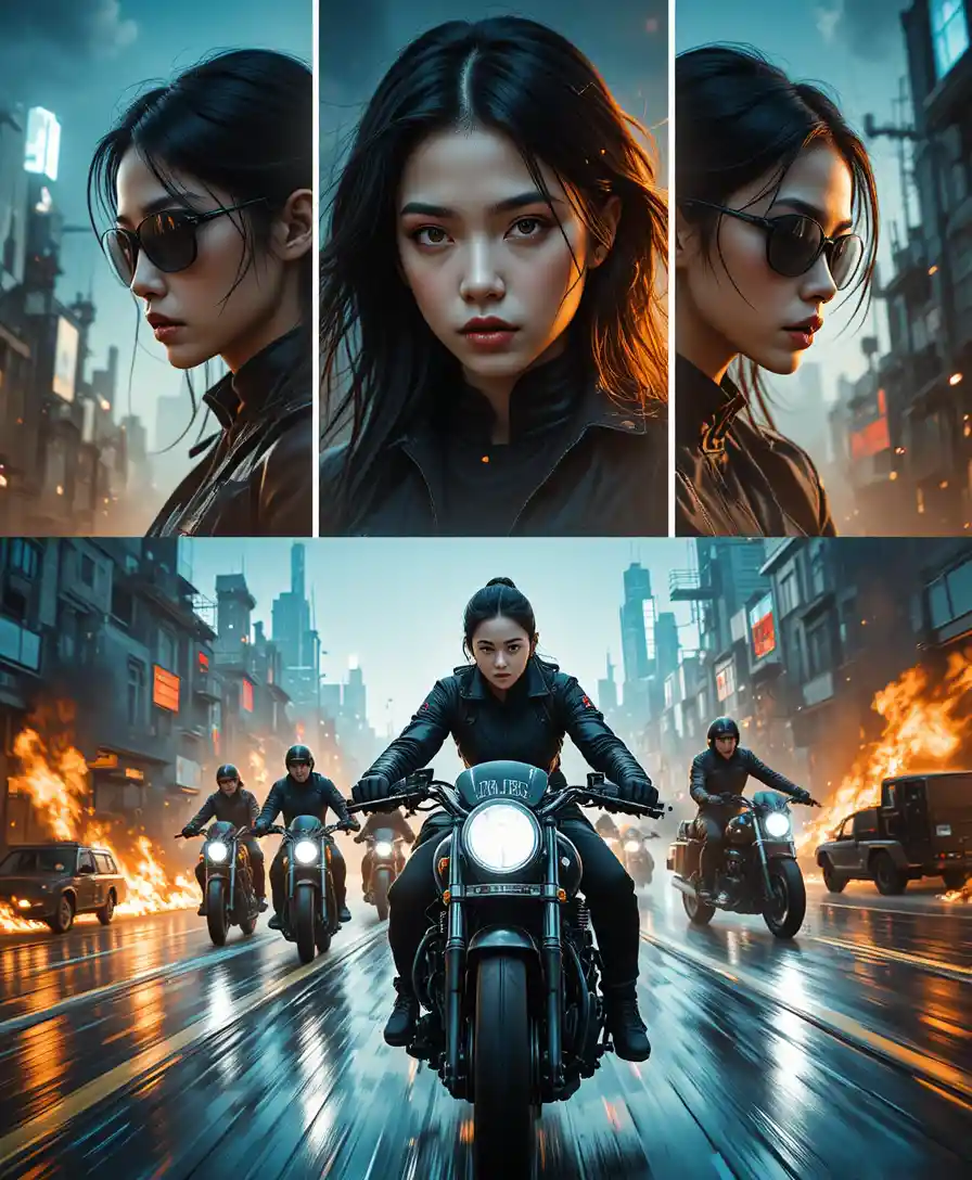 Bold cinematic woman portrait in dramatic city chase