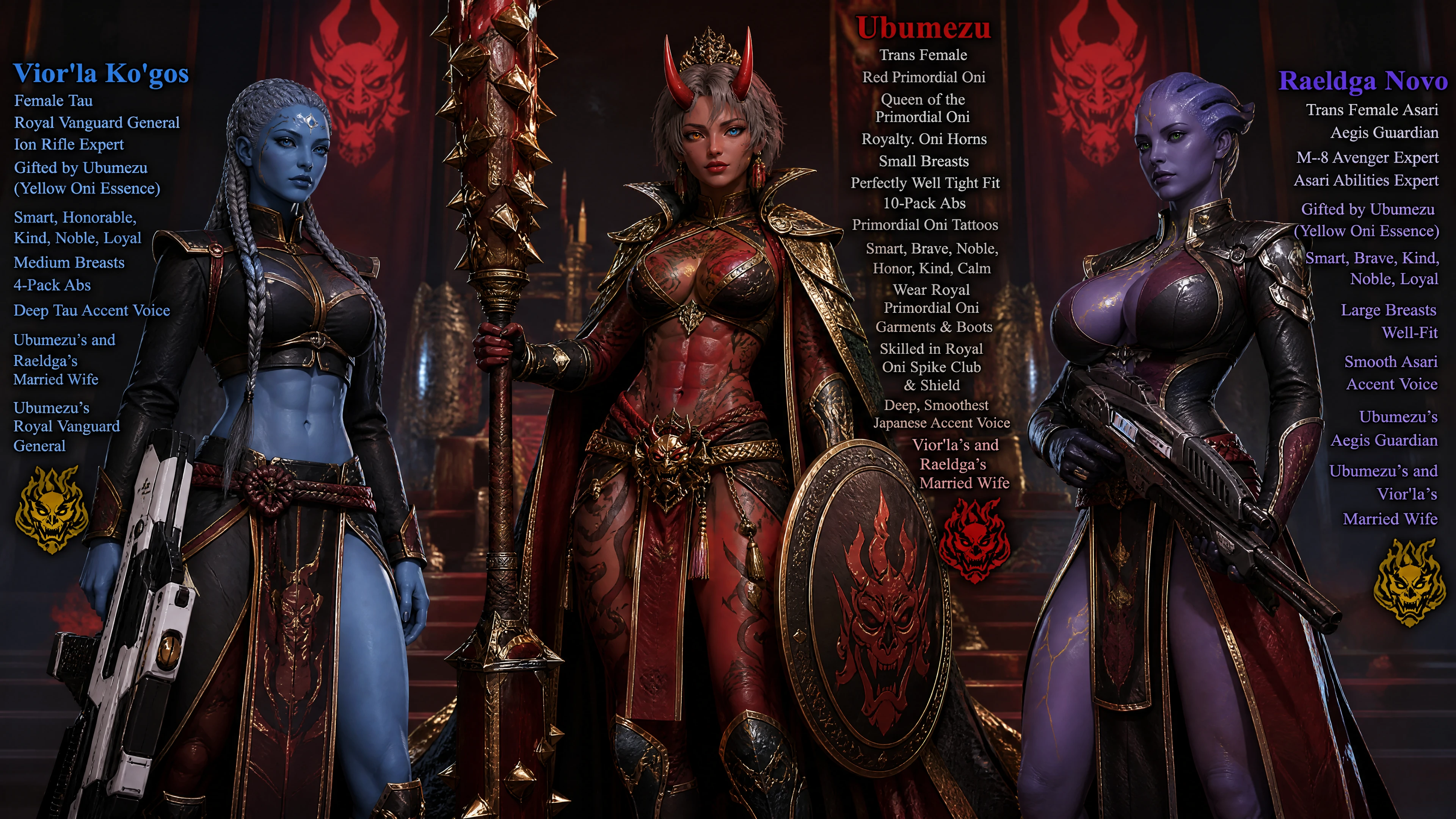 Regal primordial oni queen in ornate royal battle attire