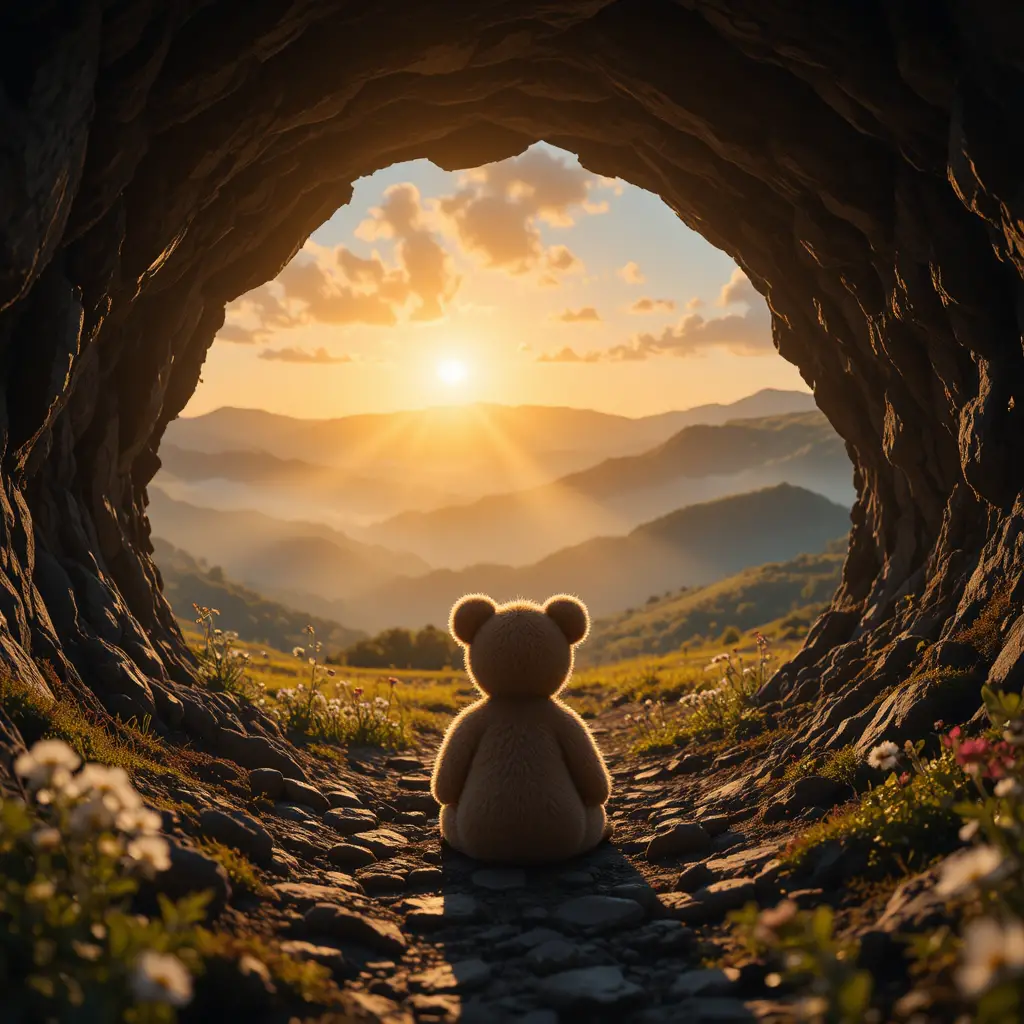 Einsamer Teddybär beobachtet den Sonnenaufgang aus einer dunklen Höhle