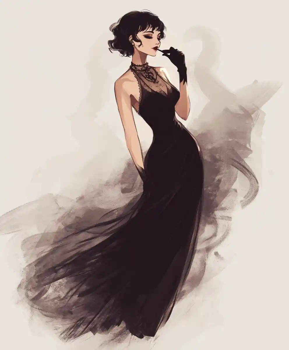 Tall woman in a sleek black dress standing confidently